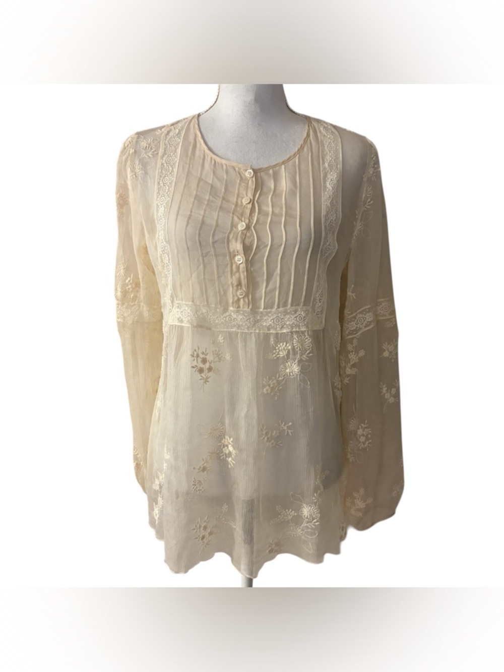 Johnny Was 4 Love And Liberty Silk Embroidered Blouse Button LS Sheer Sz Small